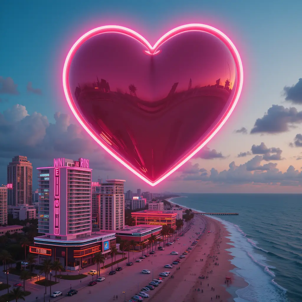 Géant cœur lumineux au-dessus de la skyline néon d’Ocean Drive à Miami