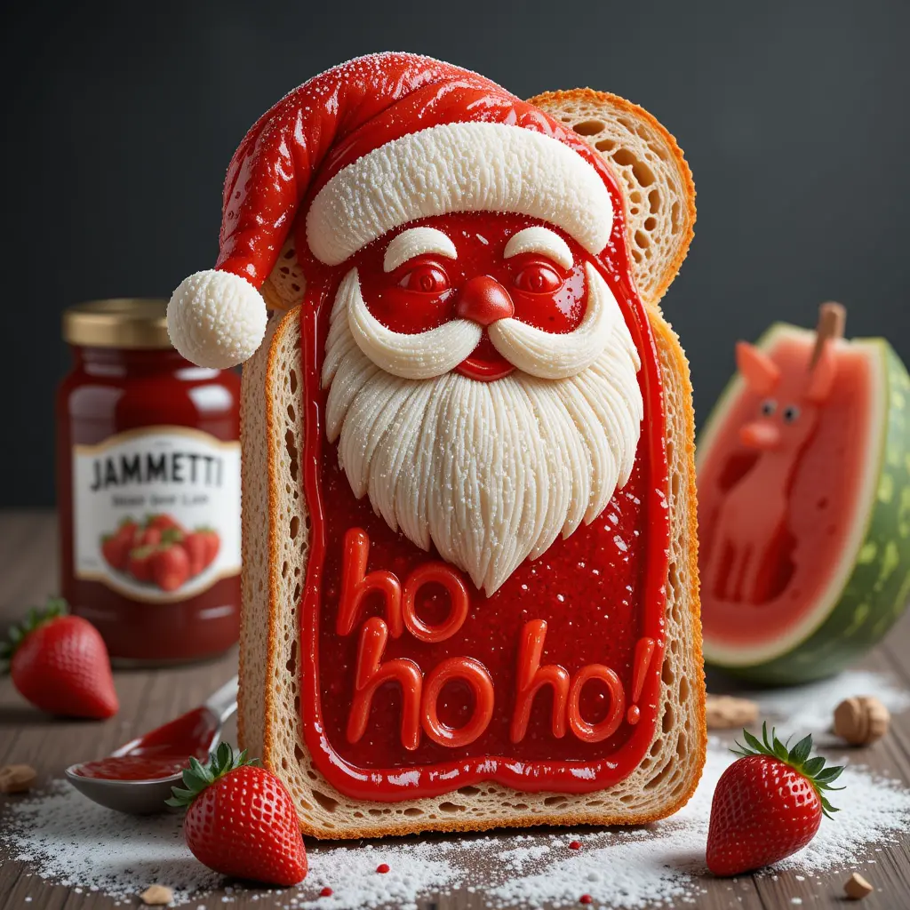 Pão baguete em forma de Papai Noel feito com geleia de morango vermelho-vivo