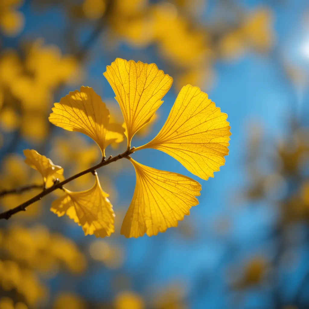 Foglie di ginkgo in macro che brillano alla luce del sole contro il cielo blu