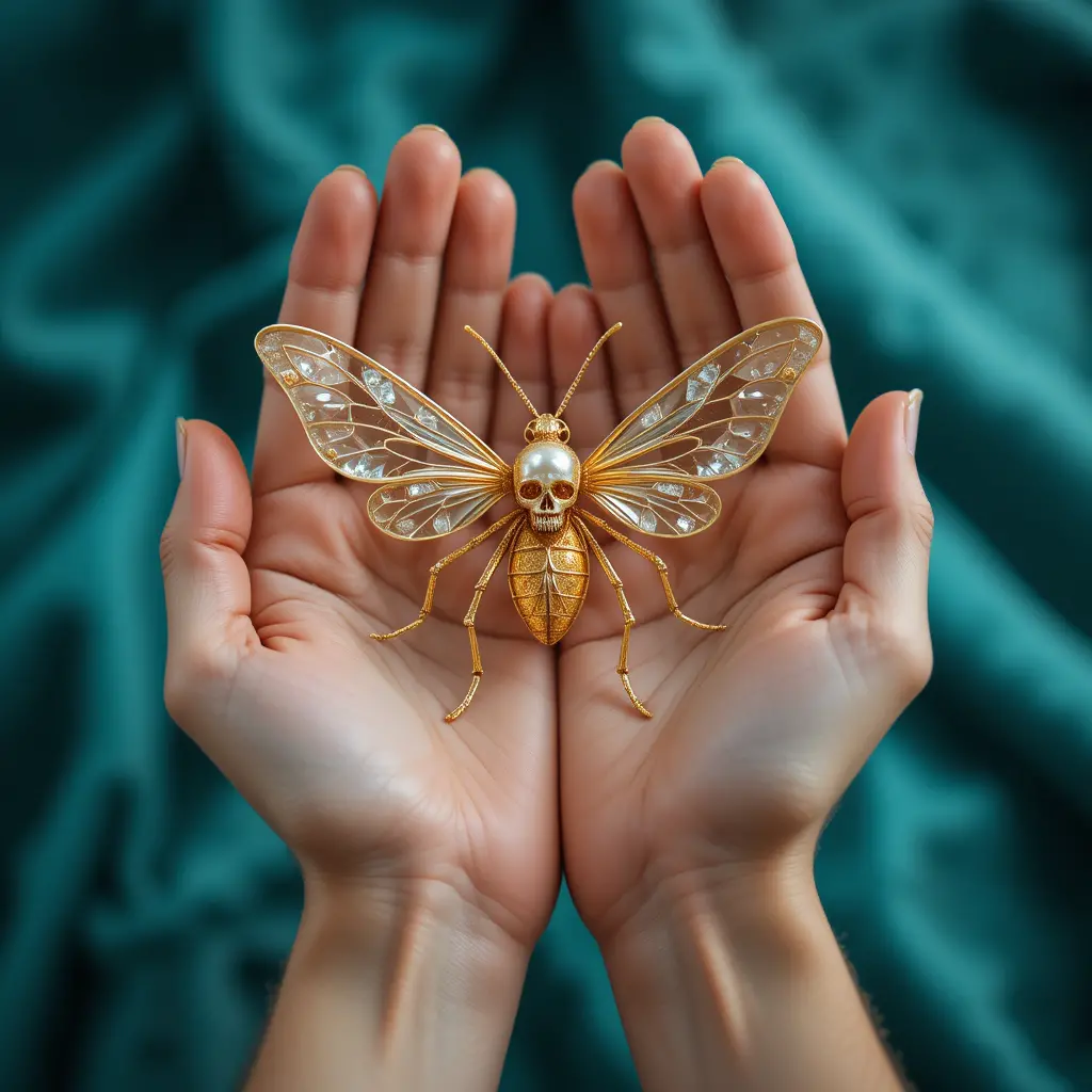 Hände, die eine goldene Insektenskulptur mit Kristalldetails halten
