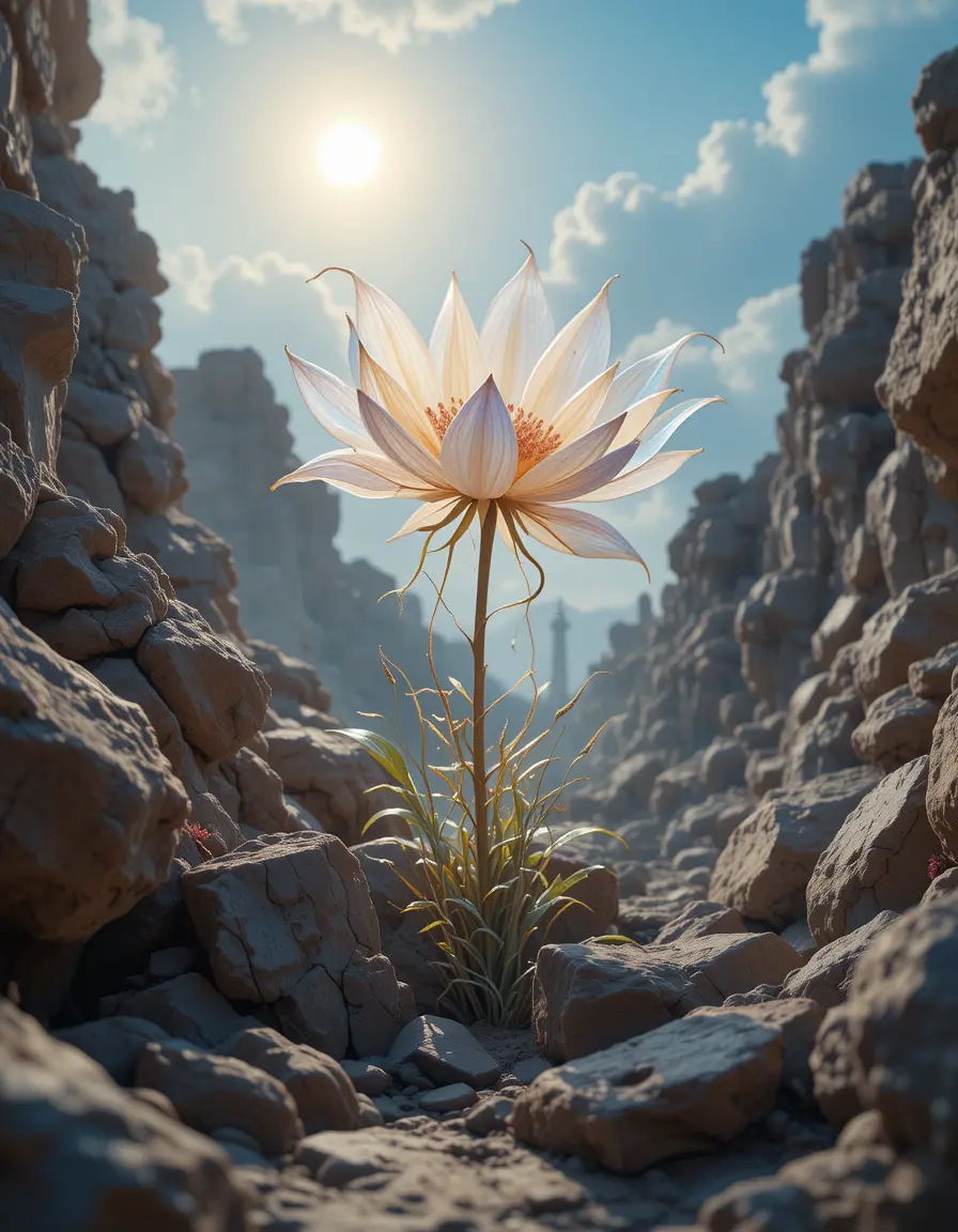 Fiore mistico che si innalza dalla pietra antica verso la luce del sole