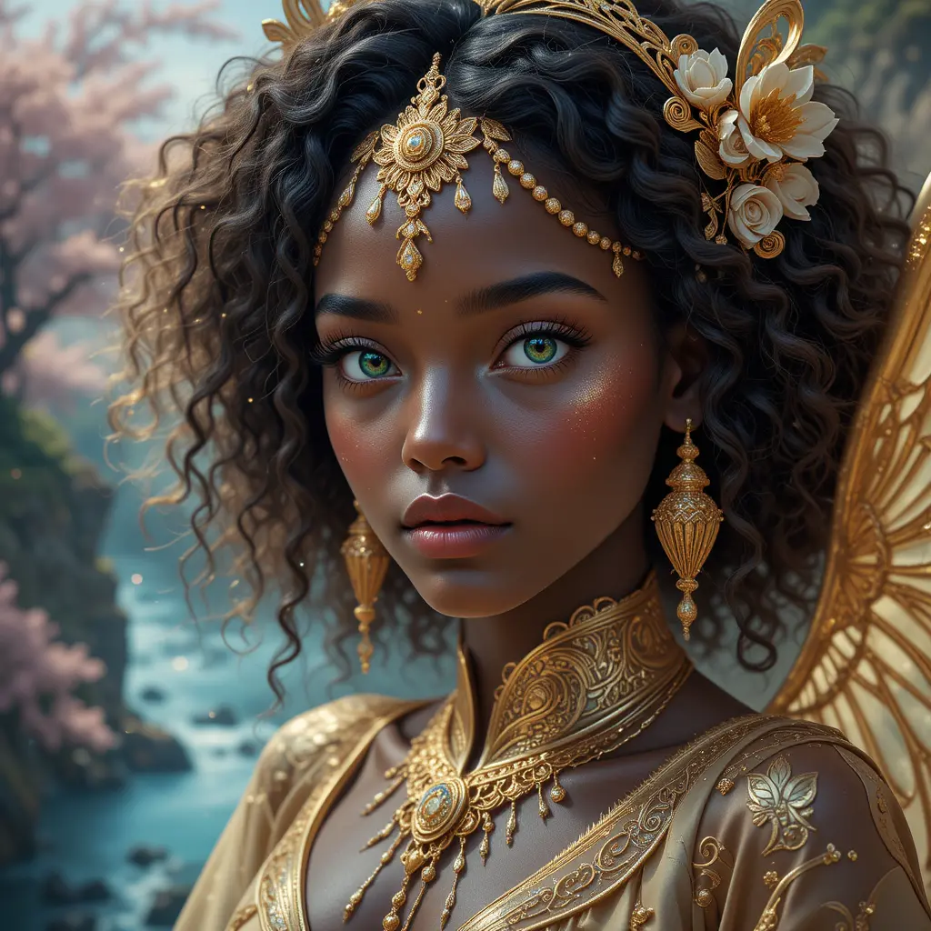 Engelhafte afrikanische Frau mit leuchtender goldener Aura