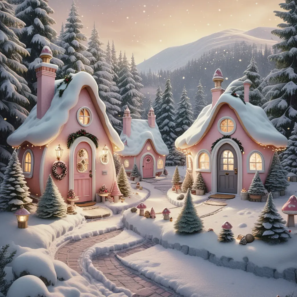Maisons de gnomes féeriques dans un village de Noël magique
