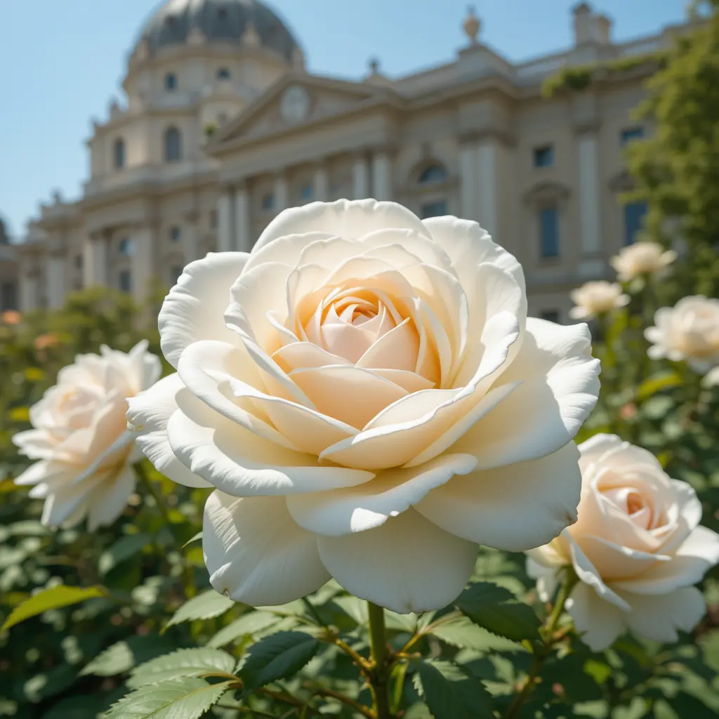Weiße Rosen vor einem klassischen Kuppelbau