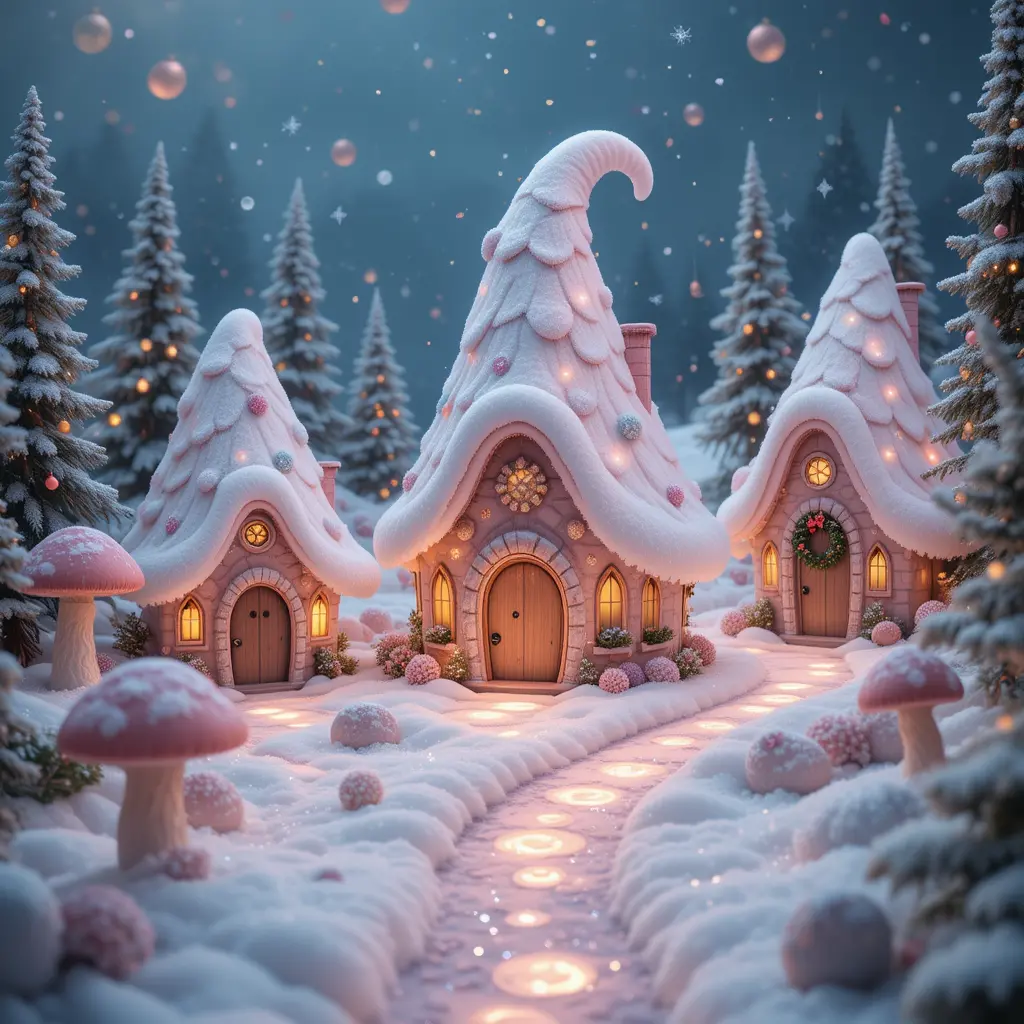 Fiabesche casette di gnomi di Natale in un villaggio rosa innevato