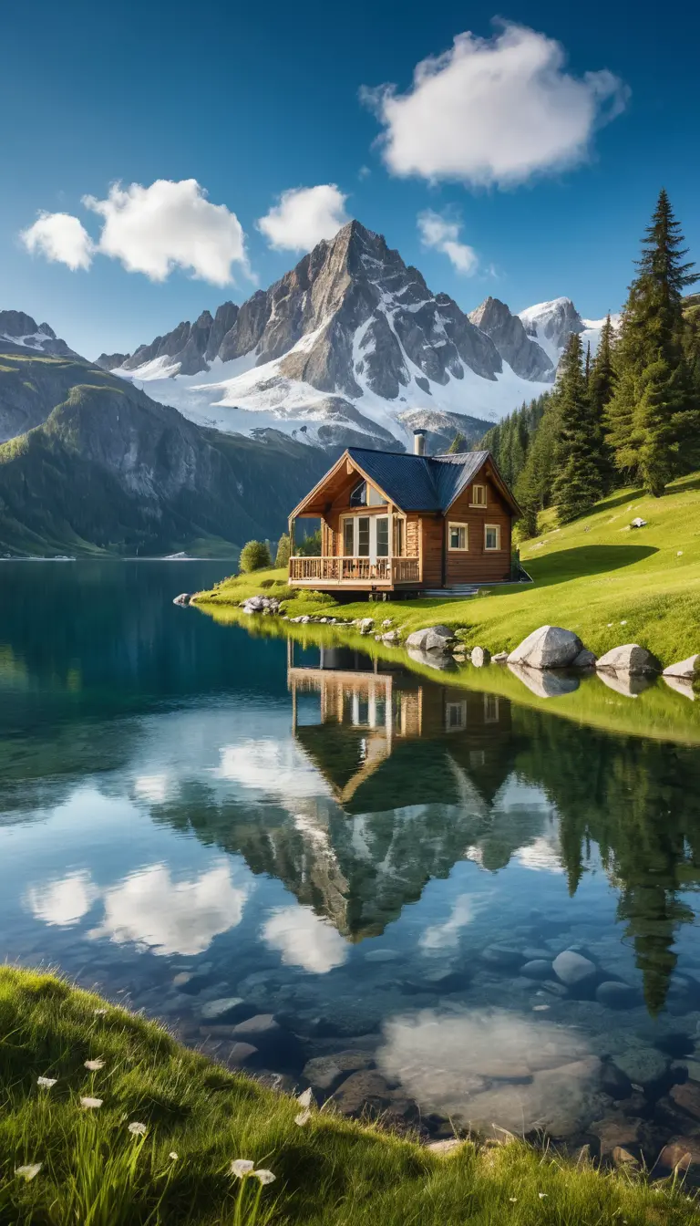 Lago alpino sereno che riflette cime montuose innevate