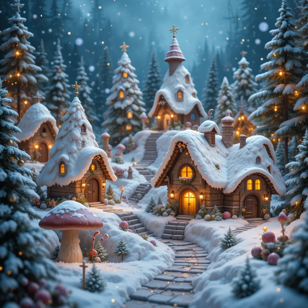 Maisons de lutins de Noël féeriques dans un village enneigé