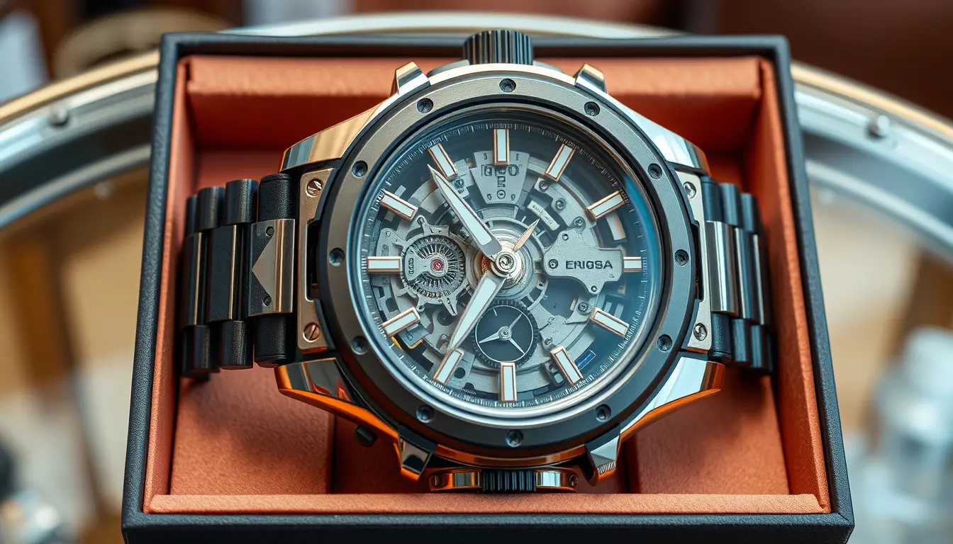 Futuristisches Armband mit Armbanduhr auf Glastisch-Display