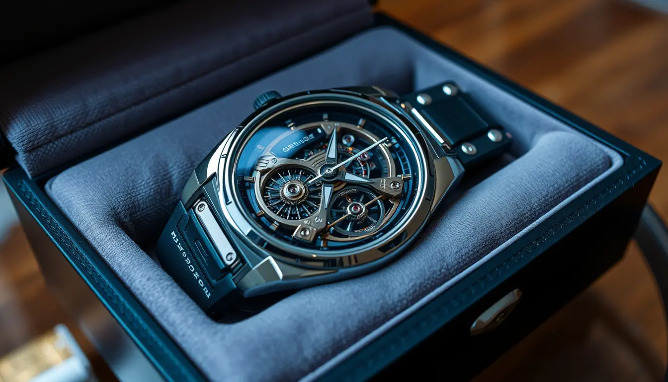 Futuristische Armbanduhr mit sichtbarem Mechanismus auf einem Glastisch
