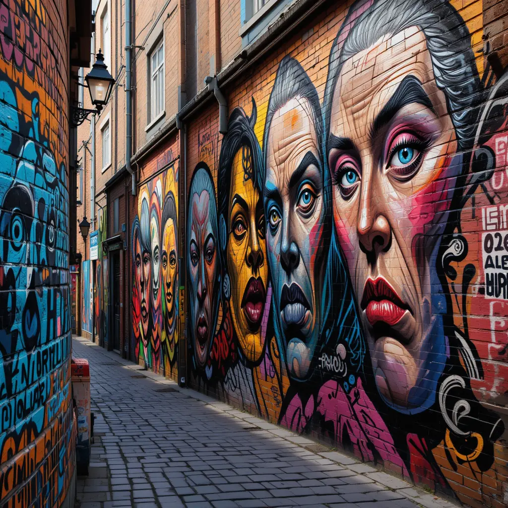 Lebendige Graffiti-Gesichter an einer rustikalen urbanen Gassenwand