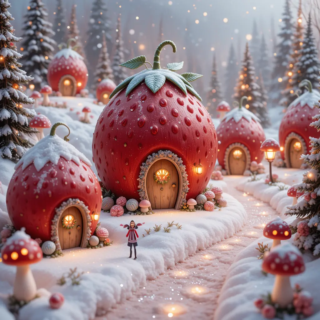 Casette di Natale con Tetto alla Fragola in un Villaggio Nevoso