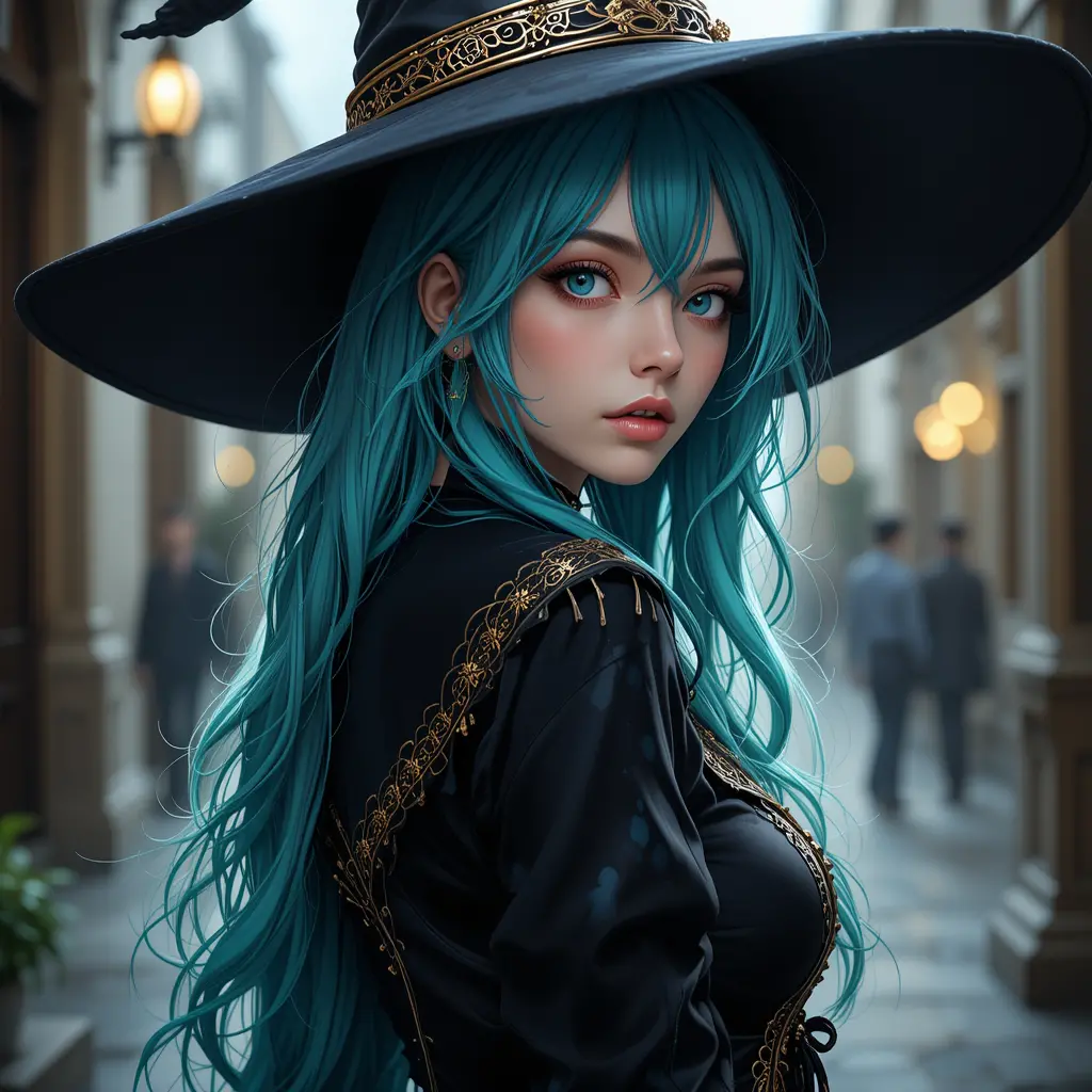 身穿暗黑哥德風服裝回頭的動漫魔女少女