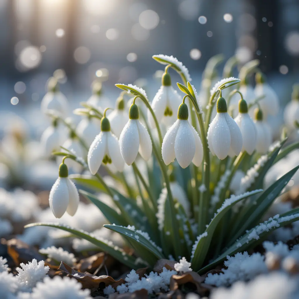 明亮春日裡自白雪中綻放的雪滴花數位藝術