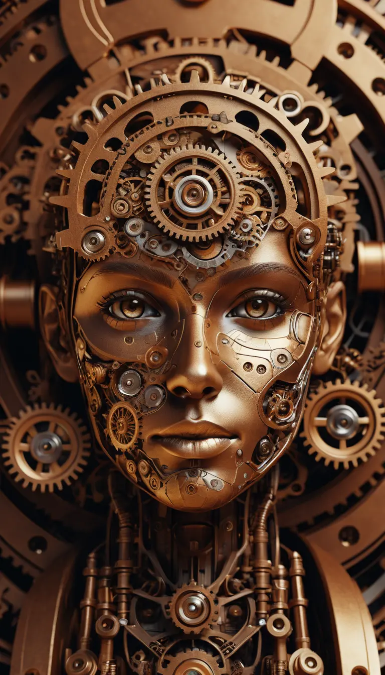 Surreal mechanical female face made of gears and pistons