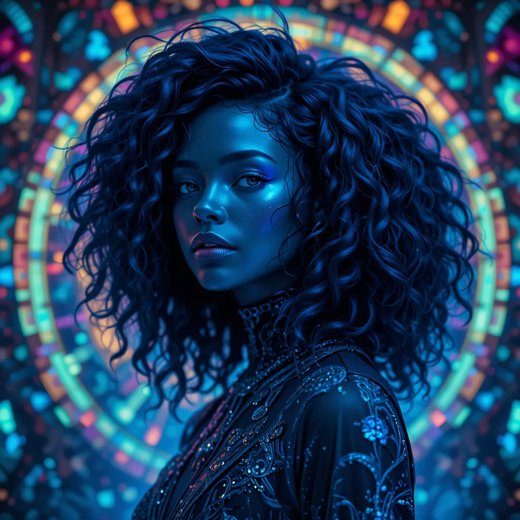 Afrikanische Frau im blauen Glitch‑Fantasy‑3D‑Porträt