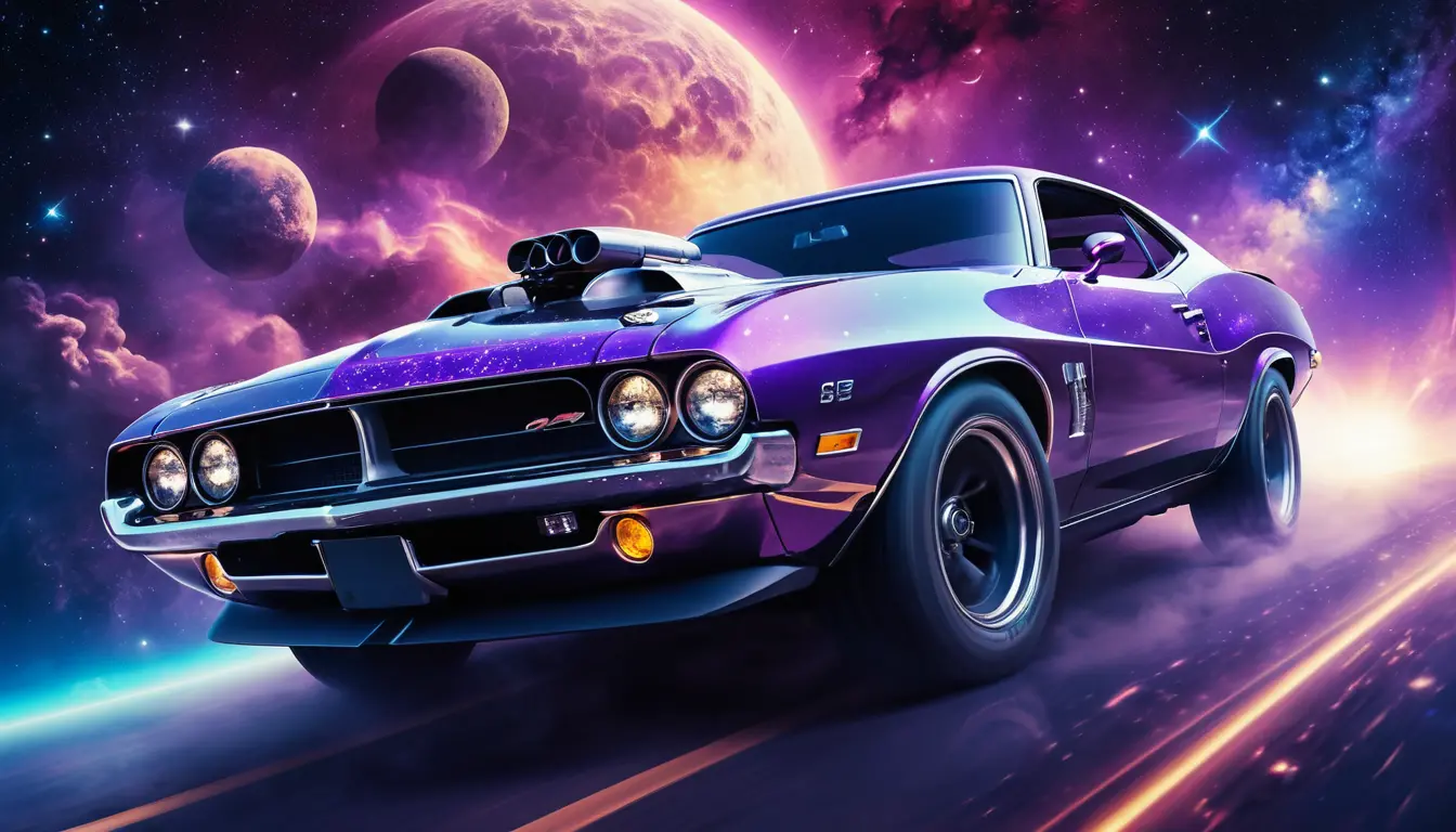 Futuristic muscle car racing through colorful outer space