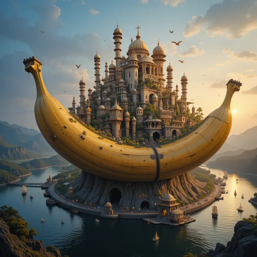 Monde de ville fantastique construit sur une banane géante