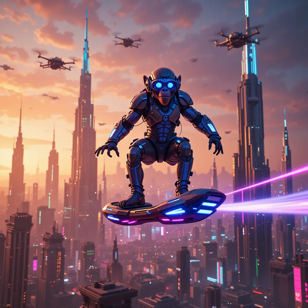 Cyberpunk-Affe fährt auf einem Neon-Hoverboard über der Stadt