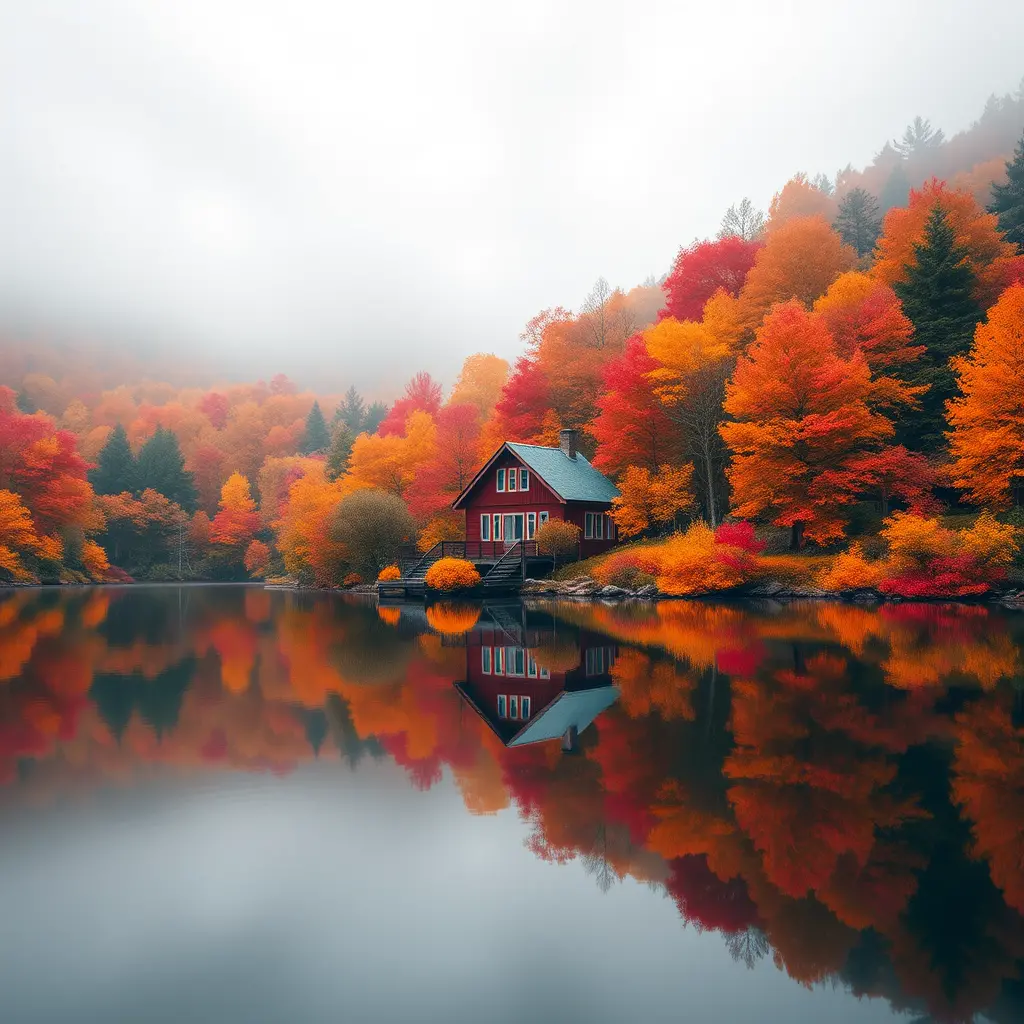 Casa sul lago autunnale riflessa in un tranquillo lago nel bosco