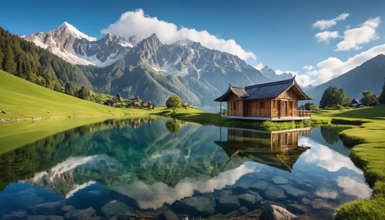 Lago alpino sereno con vette innevate e casa di legno