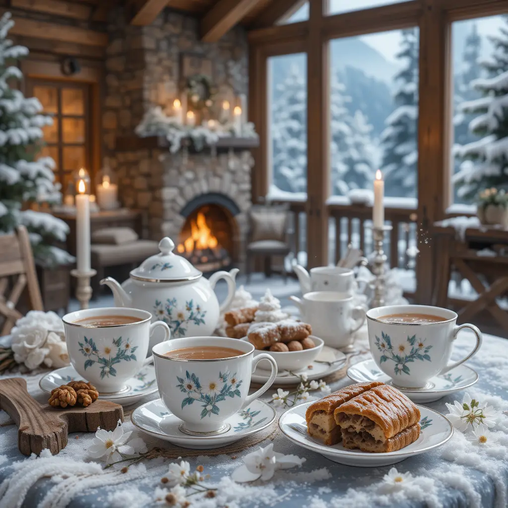 Conjunto de Chá de Inverno Aconchegante com Doces Alpinos à Beira da Lareira