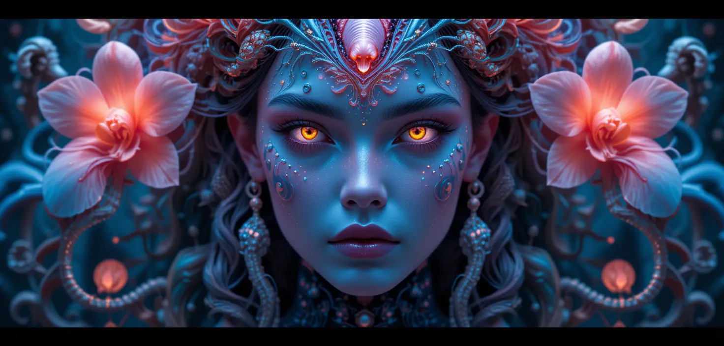 Retrato de Deusa Bioluminescente com Criaturas Marinhas Míticas