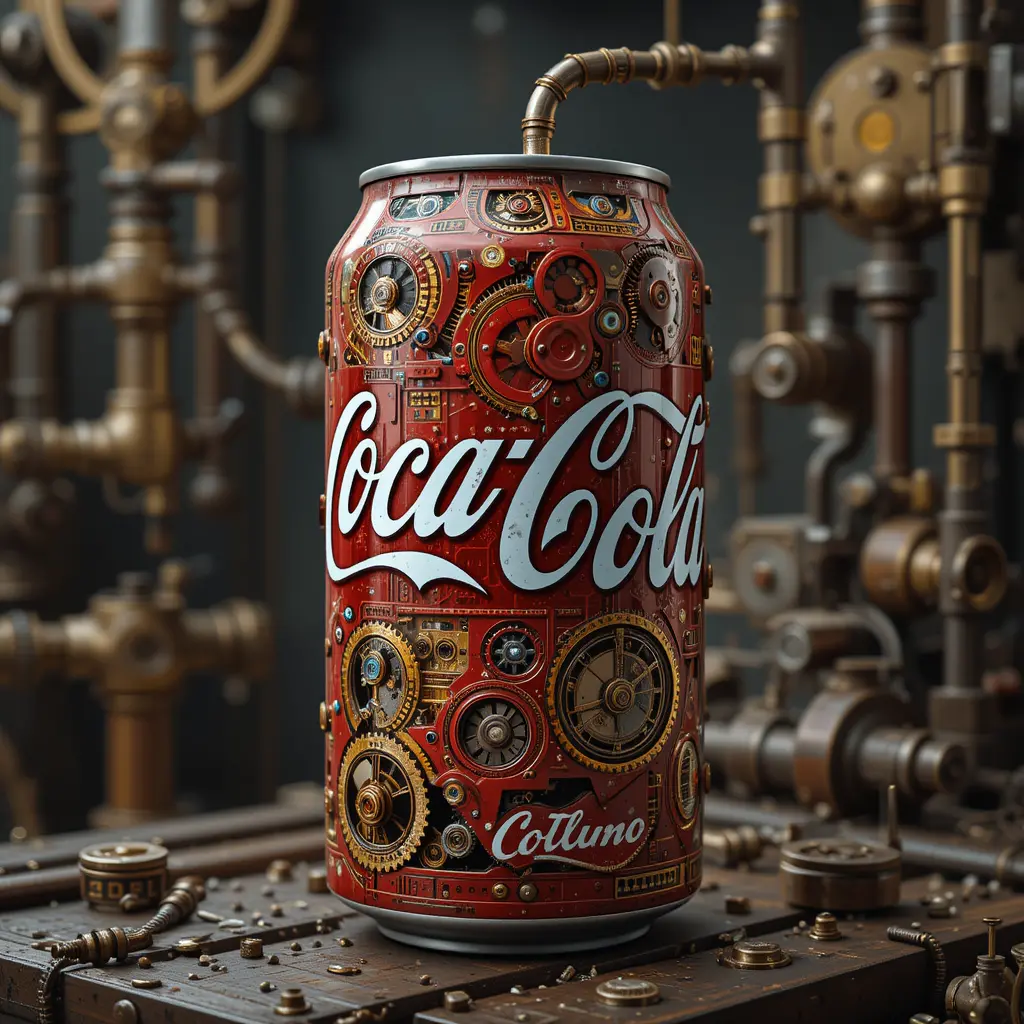 Lattina di soda steampunk con ingranaggi, tubi e meccanismi