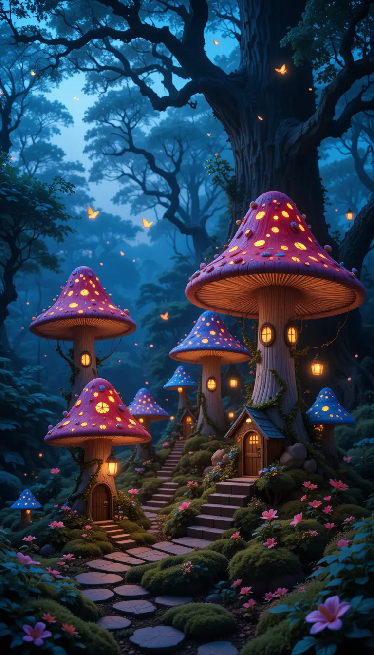 Village de Champignons Lumineux dans une Forêt Enchantée au Crépuscule