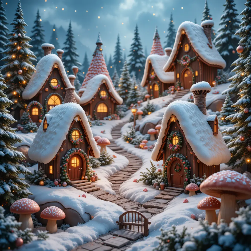 Maisons de Gnomes de Noël Féeriques dans un Village Enneigé
