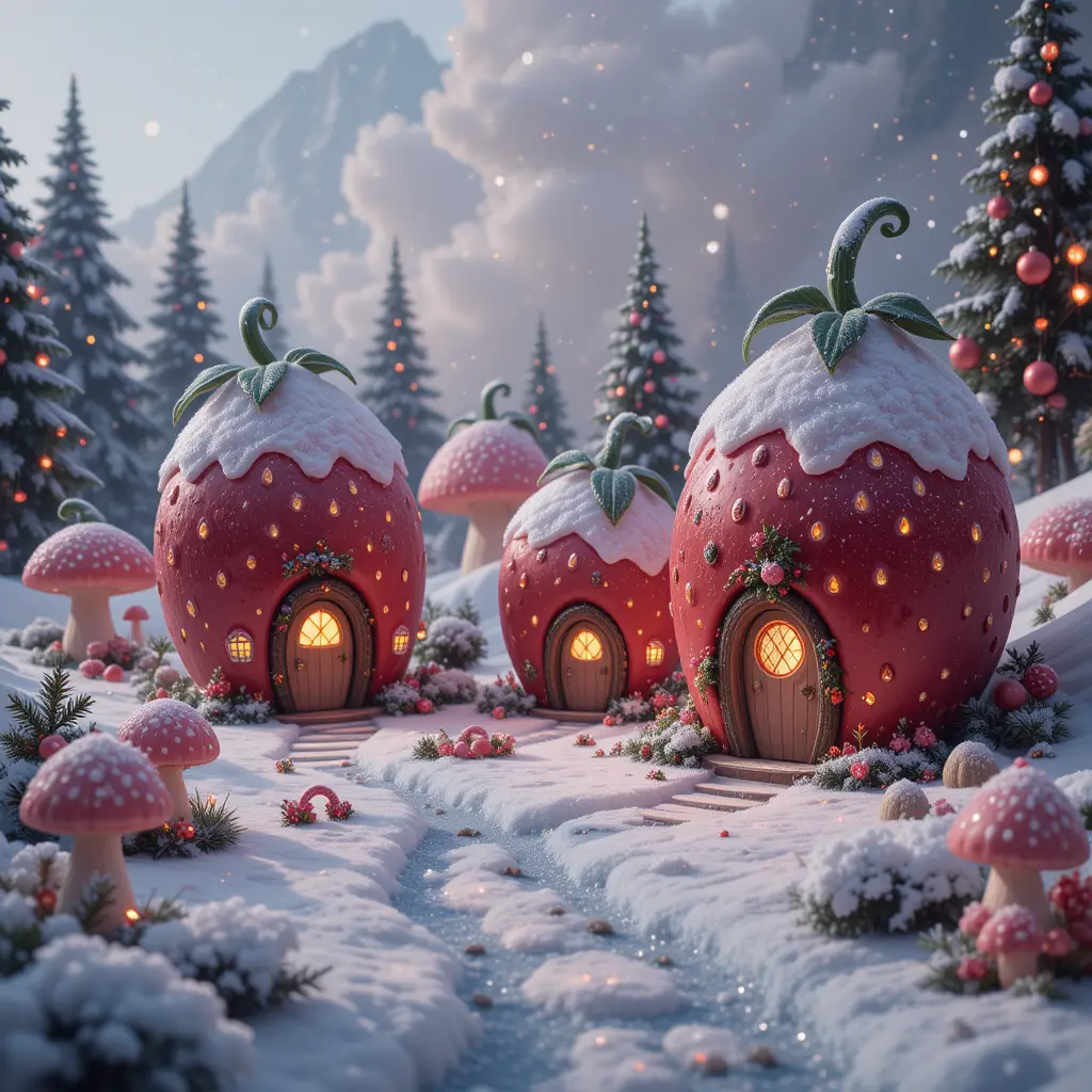 Maisons de lutins aux toits de fraises enneigés pour Noël