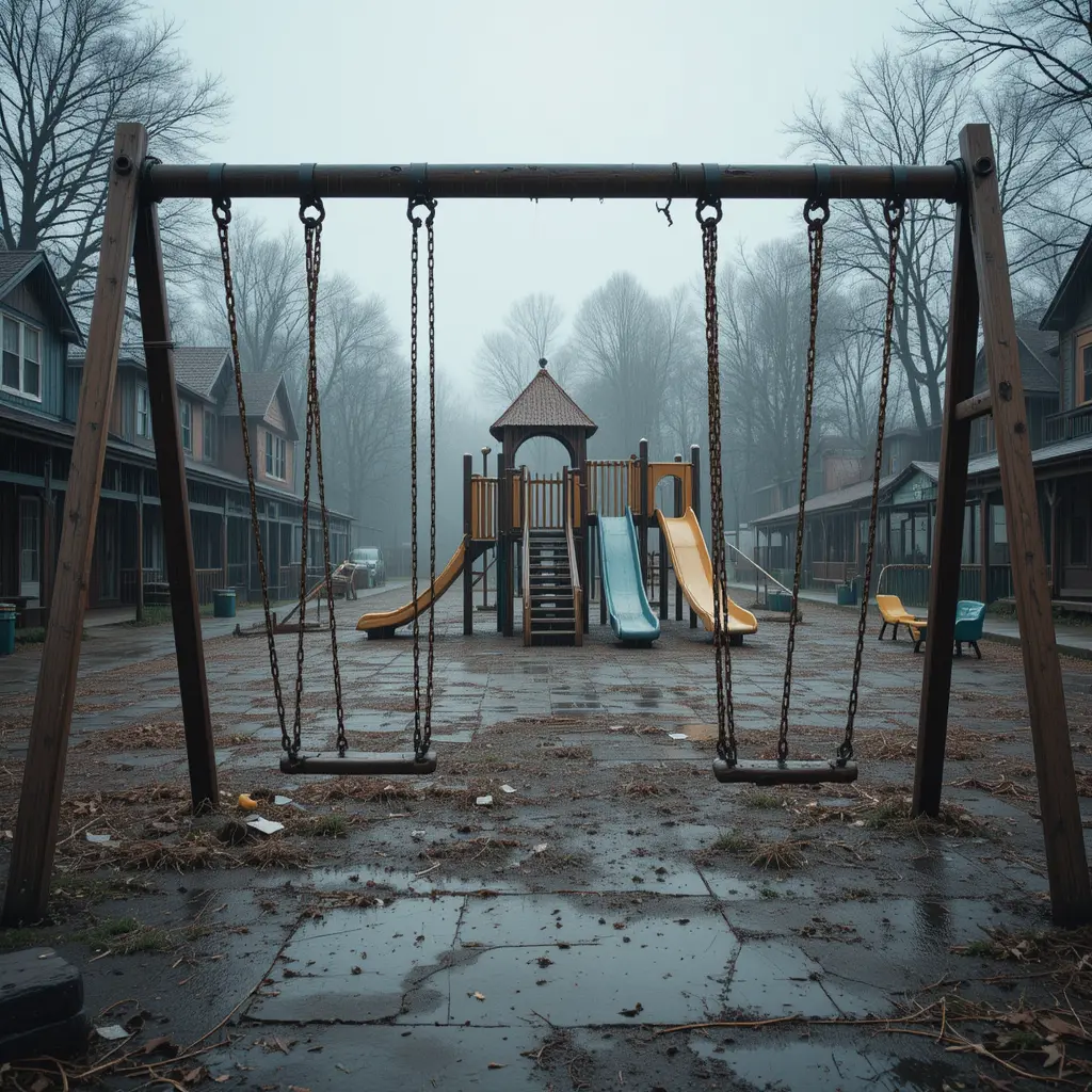 Verlassener Spielplatz im Regen mit kaputzen Geräten