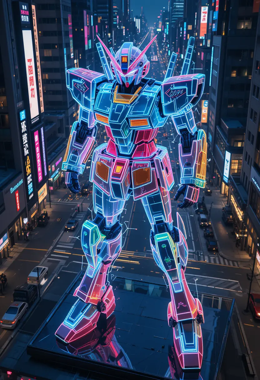Statue de Robot Géant Holographique Néon au-dessus des Rues de la Ville