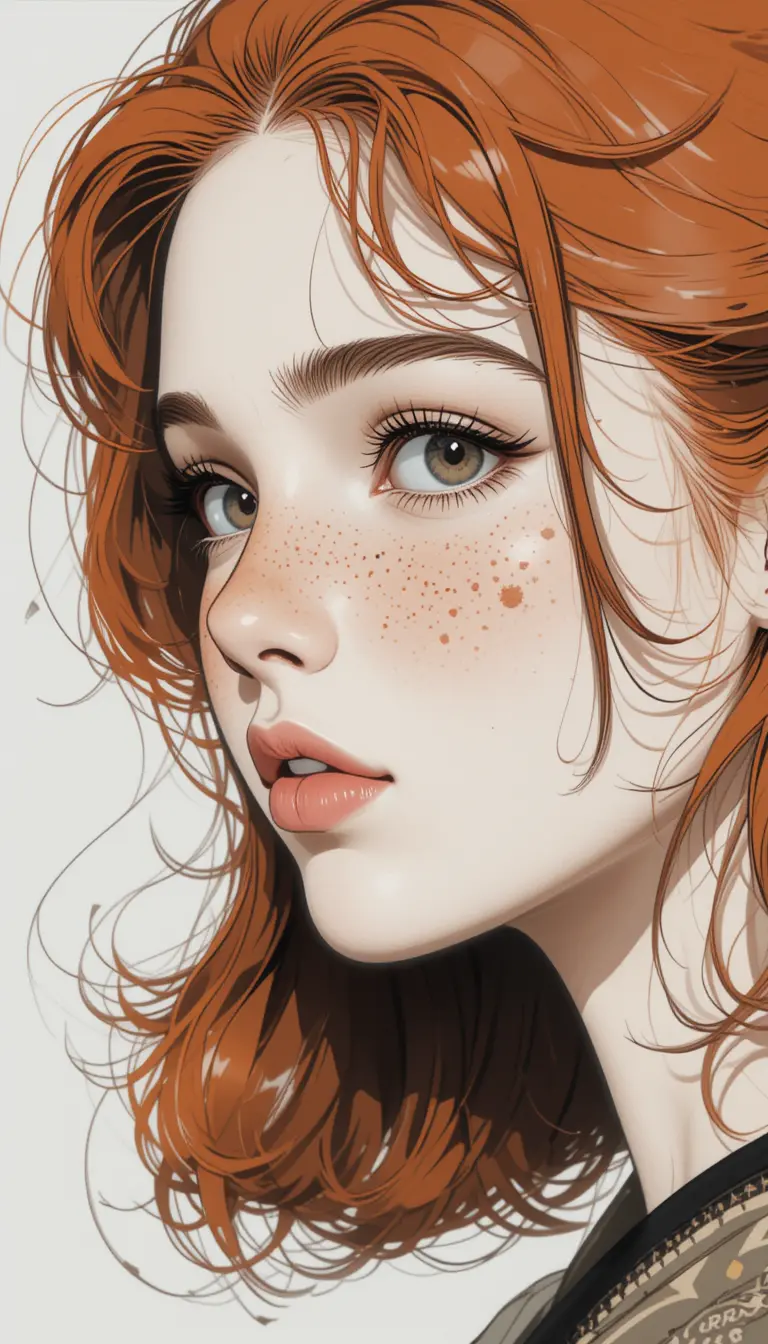 Ritratto di donna anime con lentiggini in stile illustrazione vintage