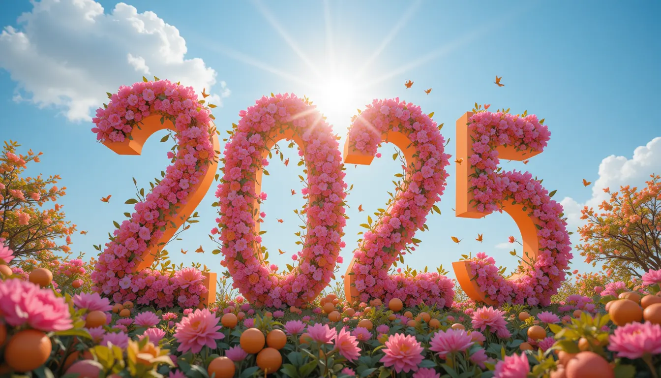 陽光果園裡綻放花朵的橘色 2025 數字