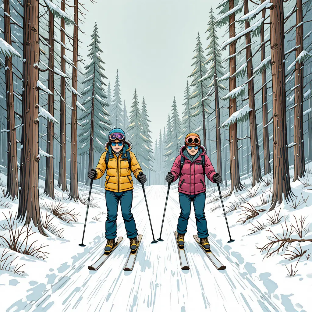Gemelli che sciano su un sentiero invernale nel bosco in stile disegno