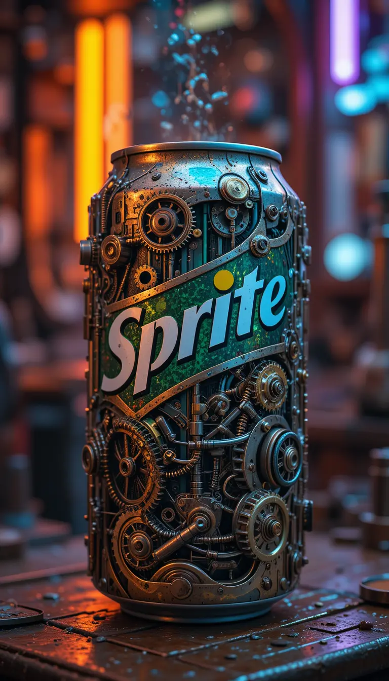 Lattina di soda fotorealistica con ingranaggi e tubi steampunk