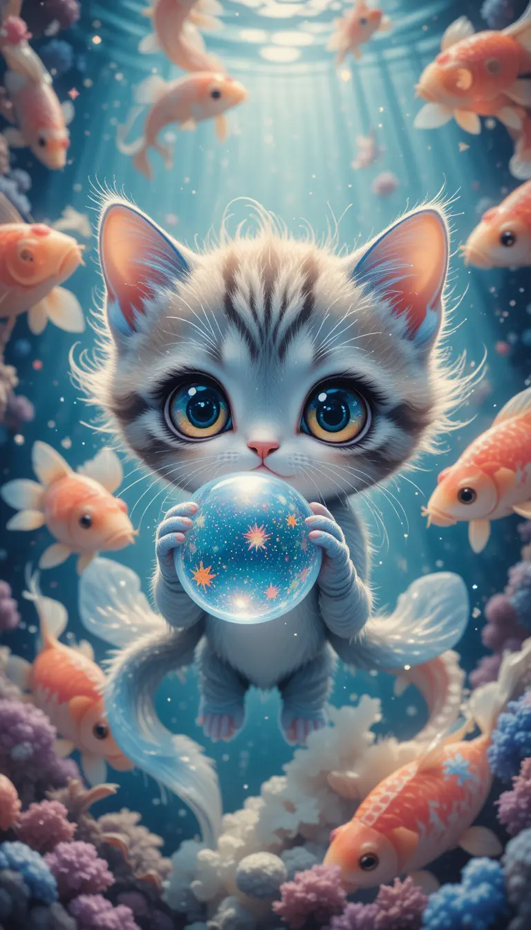 Gattino cosmico chibi che tiene una bolla in un cosmo sottomarino