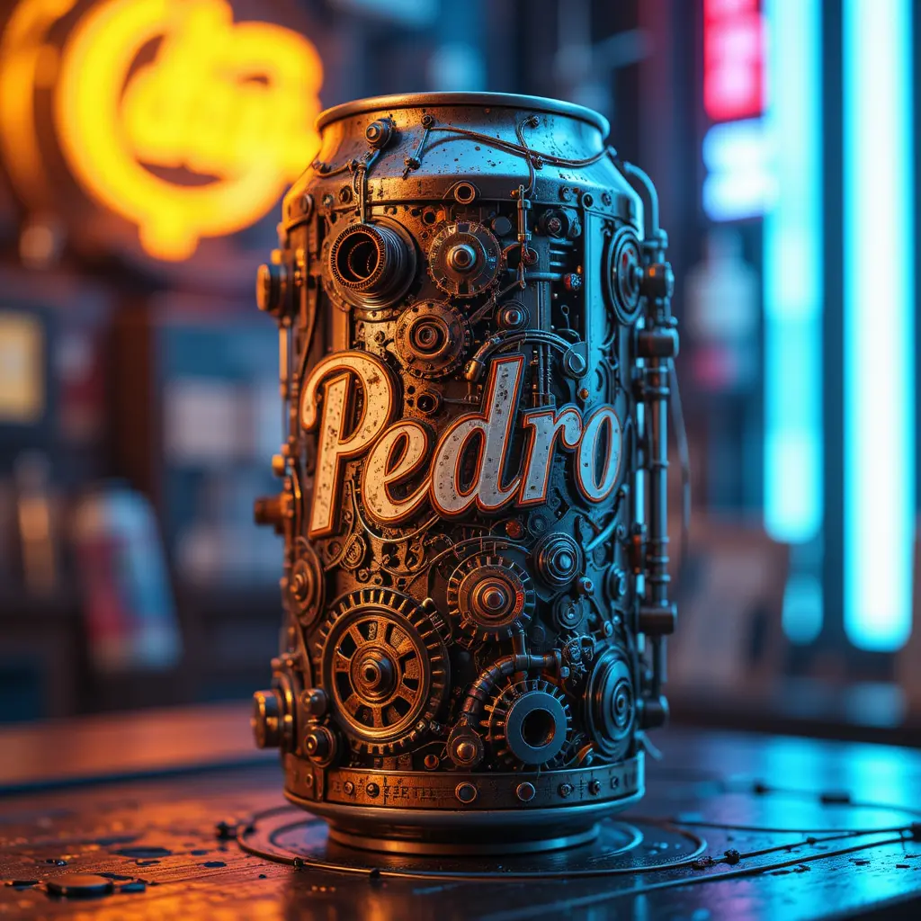 Lattina di soda steampunk con ingranaggi visibili e bagliore al neon