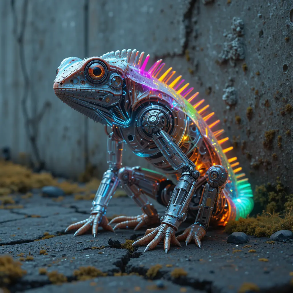 Cyberpunk-bio­mecha­ni­sches Chamäleon auf rissiger Stadtstraße