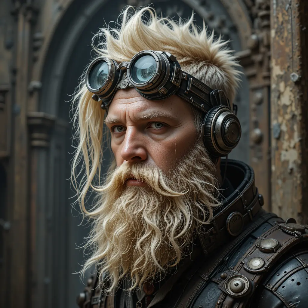 Steampunk-Cyborg-Mann mit Schutzbrille in dystopischer Stadt