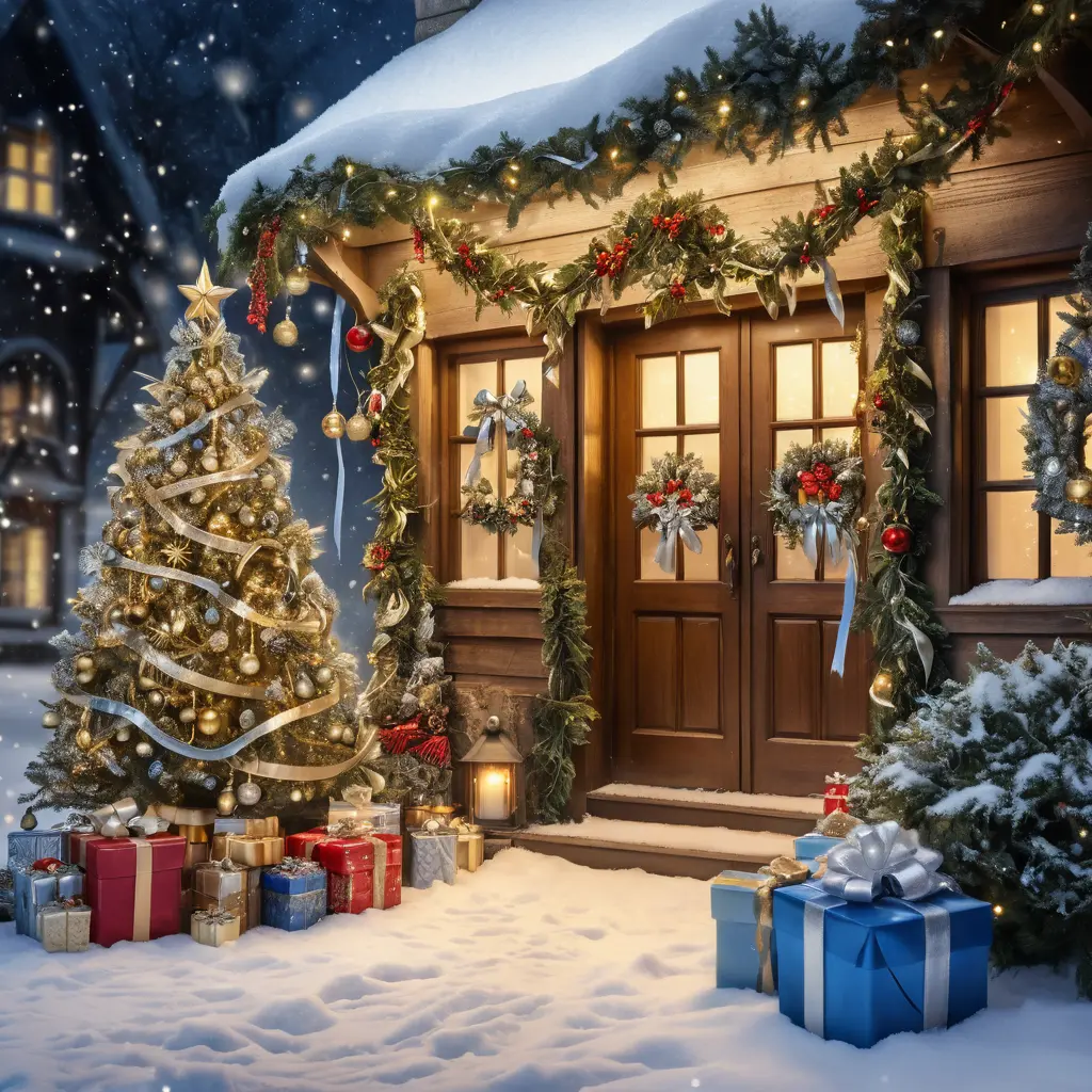 Accogliente scena natalizia con albero, regali e luce di candele