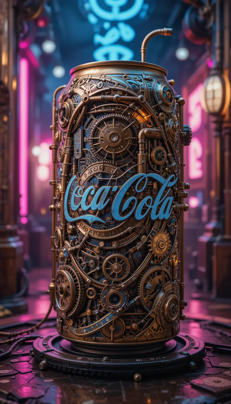 Lattina di soda steampunk a ingranaggi tra luci al neon turbinanti