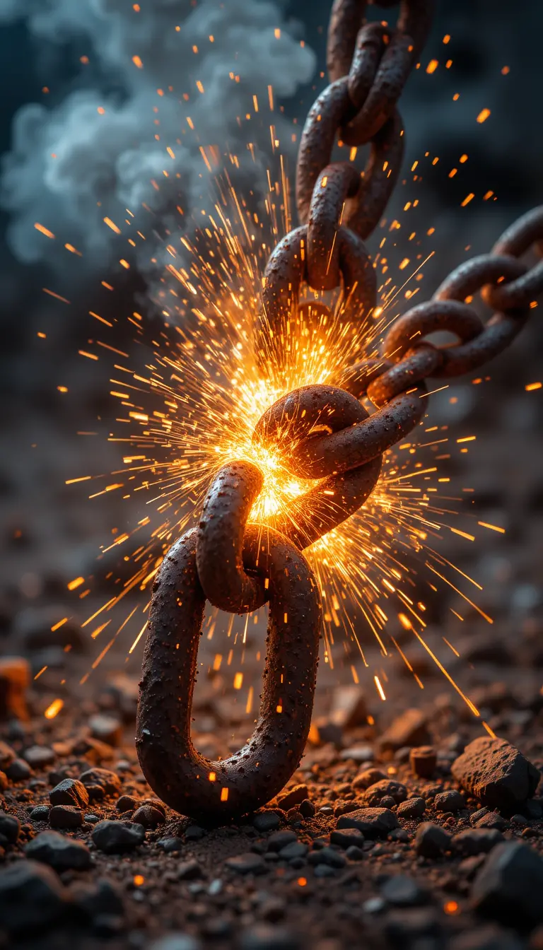 Rusted metal chain exploding in fiery sparks