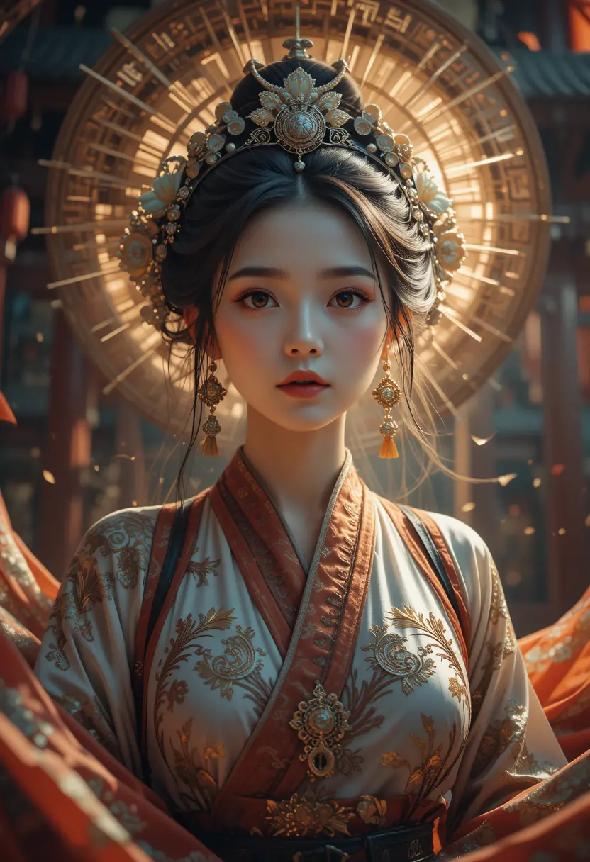 魚眼視角下身穿中國傳統服飾的神秘女神