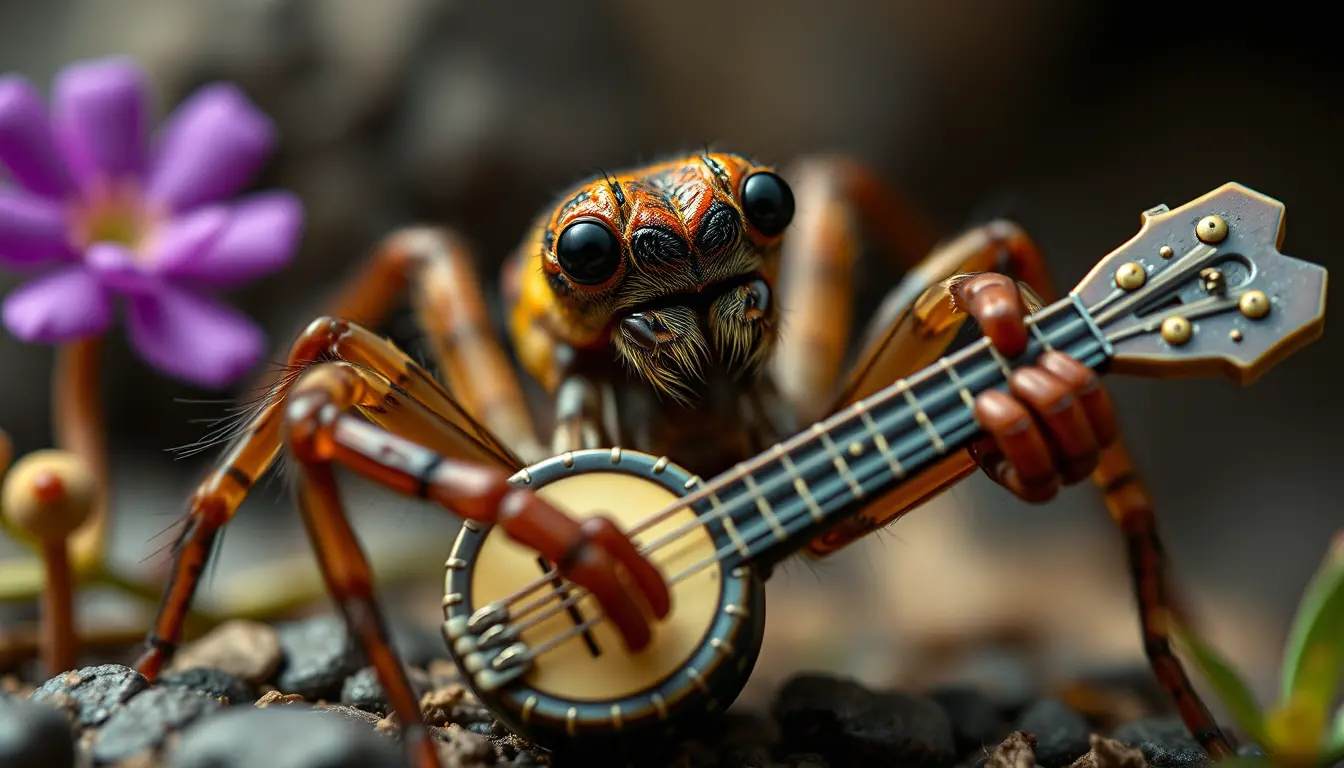Mutierte Spinne spielt Banjo in einer winzigen Fantasywelt