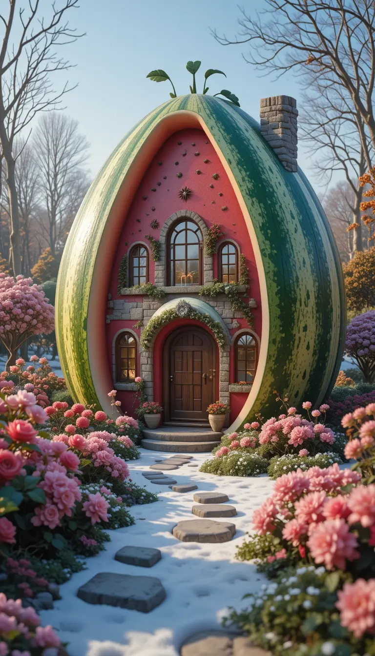 Maison Fantaisiste en Forme de Pastèque dans un Jardin de Fées