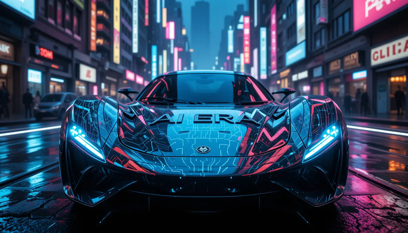 Futuristischer Cyberpunk-Sportwagen in neonbeleuchteter dystopischer Stadt