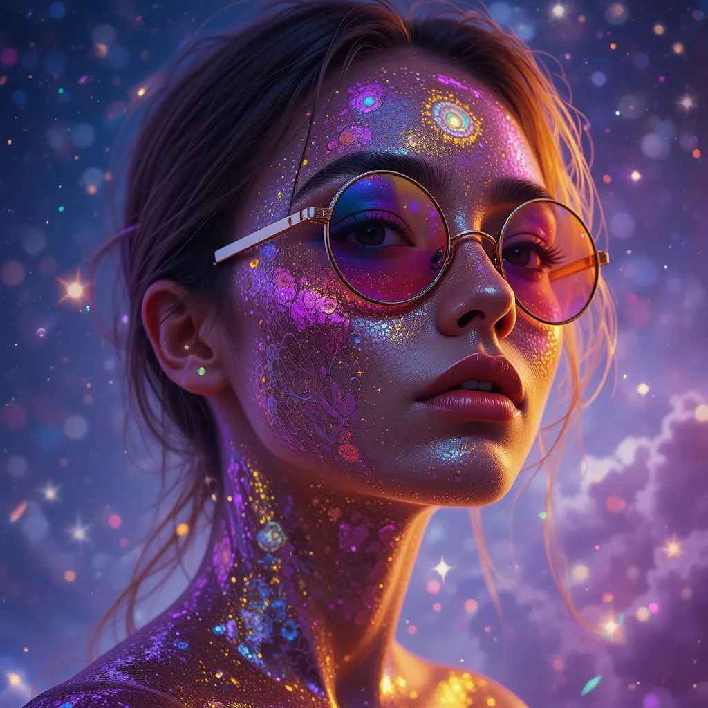 佩戴虹彩太陽眼鏡與群星的宇宙女性肖像