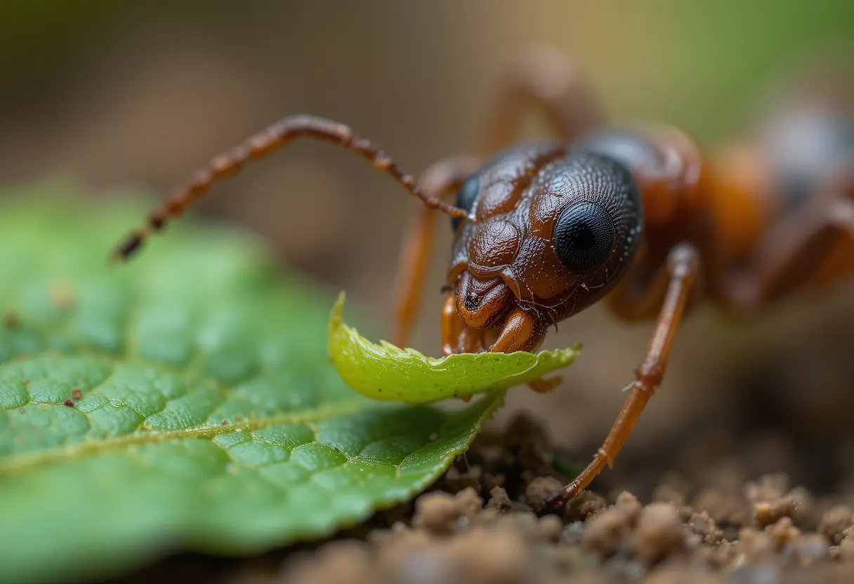 Makro-Seitenansicht einer Ameise, die ein grünes Blatt trägt
