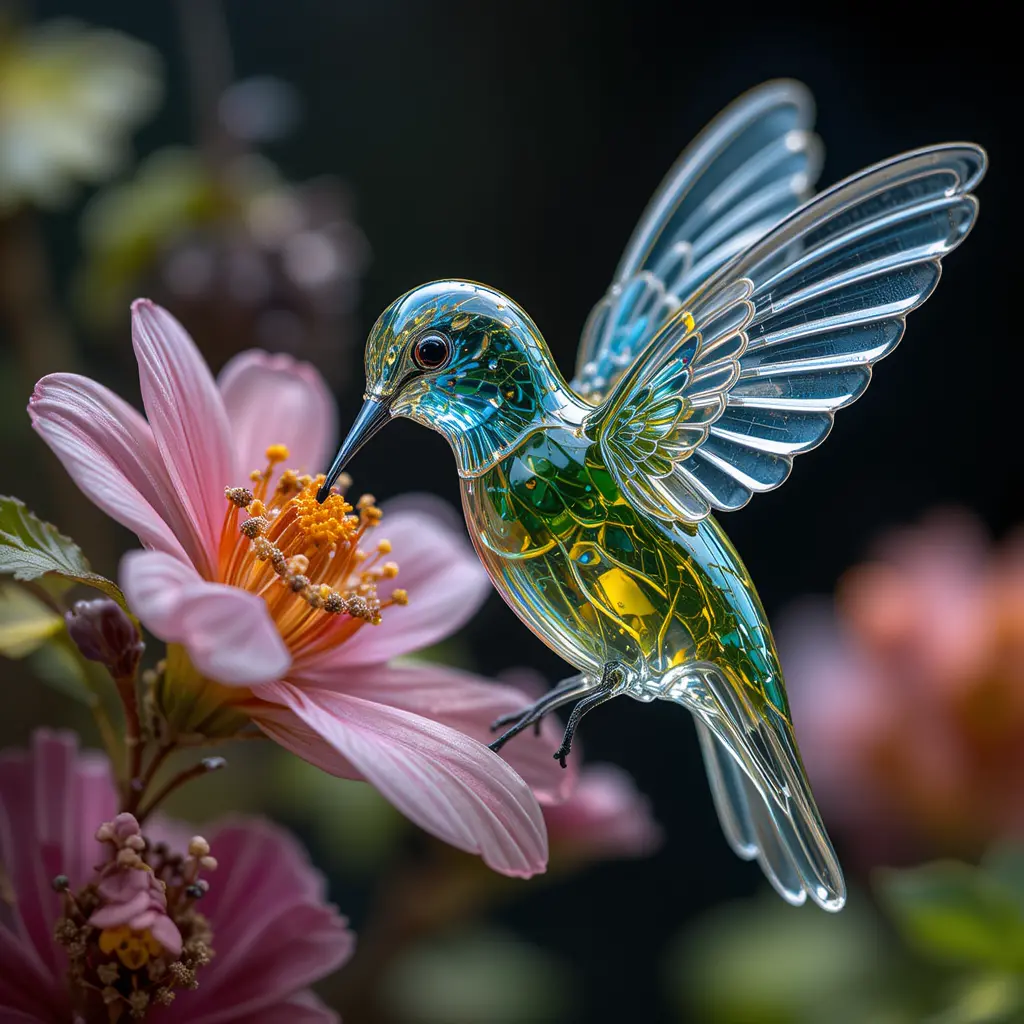 一輪の繊細な花から蜜を吸うガラスのハチドリ